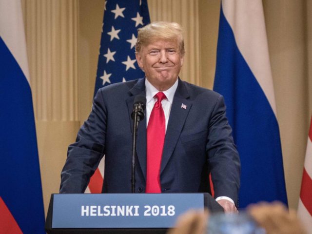 HELSINKI, FINLAND - JULY 16: U.S. President Donald Trump smiles as he arrives to a joint press conference with Russian President Vladimir Putin after their summit on July 16, 2018 in Helsinki, Finland. The two leaders met one-on-one and discussed a range of issues including the 2016 U.S Election collusion. â¦