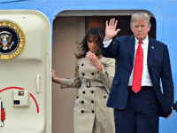 Trumps Head for NATO U.S. President Donald Trump and First Lady Melania Trump arrive on Air Force One at Melsbroek Military airport in Melsbroek, Belgium, Tuesday, July 10, 2018. U.S. President Donald Trump is in Brussels to attend a two-day NATO summit.