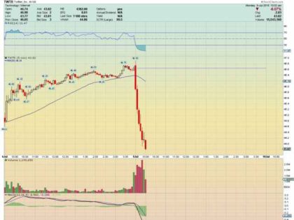 a stock chart showing a large drop in Twitter's share price