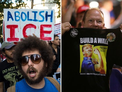 Dueling demonstrators on immigration display signs and t-shirts saying "Abolish ICE" and "