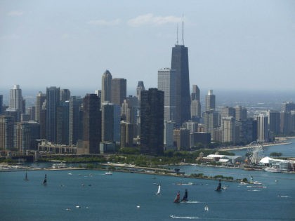 Sailboats practice in front of the downtown Chicago skyline, Friday, June 10, 2016, during practice for an America's Cup World Series sailing event, which will be held Saturday and Sunday. (AP Photo/Kiichiro Sato)