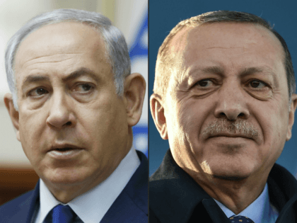 This combination of pictures created on April 1, 2018 shows a file photo taken on November 19, 2017 of Israel's Prime Minister Benjamin Netanyahu (L) attending the weekly cabinet meeting in Jerusalem and a file photo taken on December 15, 2017 of Turkish President Recep Tayyip Erdogan during the inauguration …