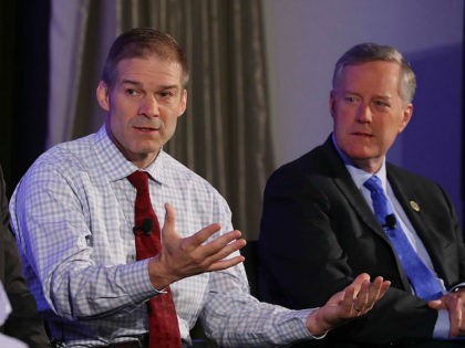 WASHINGTON, DC - APRIL 06: Members of the House Freedom Caucus, (L-R) Rep. Justin Amash (R-MI), Rep. Jim Jordan (R-OH) and Chairman Mark Meadows (R-NC) participate in a Politico Playbook Breakfast interview at the W Hotel on April 6, 2017 in Washington, DC. (Photo by Mark Wilson/Getty Images)
