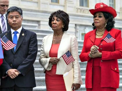 Rep. Ted Lieu, D-Calif., Rep. Maxine Waters, D-Calif. (center), and Rep. Frederica Wilson, D-Fla., are shown in Washington, Wednesday, June 20, 2018.