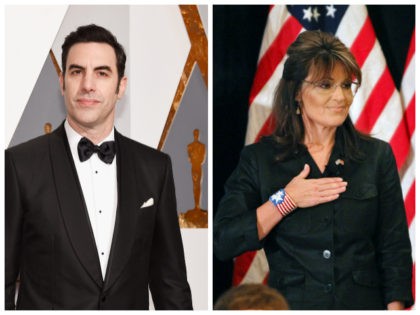 Cohen: HOLLYWOOD, CA - FEBRUARY 28: Actor Sacha Baron Cohen attends the 88th Annual Academy Awards at Hollywood & Highland Center on February 28, 2016 in Hollywood, California. (Photo by Kevork Djansezian/Getty Images) Palin: Former Alaska Gov. Sarah Palin covers her heart during the national anthem as she attends a …