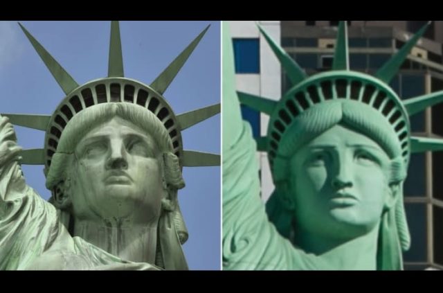 The Statue of Liberty in New York, and the smaller replica in Las Vegas