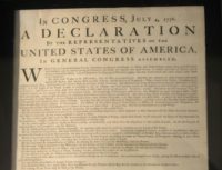 An original copy of the US Declaration of Independence from 1776 on display in Philadelphia