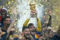 France goalkeeper Hugo Lloris lifts the World Cup trophy