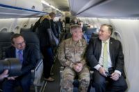 US Secretary of State Mike Pompeo speaks to General John Nicholson on a plane at Bagram Air Base, Afghanistan US Secretary of State Mike Pompeo speaks to General John Nicholson on a plane at Bagram Air Base, Afghanistan