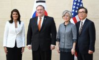 (L-R) US Ambassador to the UN Nikki Haley, US Secretary of State Mike Pompeo, South Korean Foreign Minister Kang Kyung-wha and South Korean Ambassador to the UN Cho Tae-yul are in New York for UN Security Council talks on North Korea