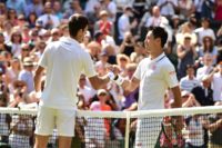 Japan's Kei Nishikori (R) seventh seed enters the 50th Washington Open with confidence after his first Wimbledon quarter-final appearance, where he lost to eventual winner Novak Djokovic (L)
