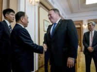 North Korea US Pompeo U.S. Secretary of State Mike Pompeo, second from right, greets Kim Yong Chol, second from left, a North Korean senior ruling party official and former intelligence chief, as they arrive for a meeting at the Park Hwa Guest House in Pyongyang, North Korea, Friday, July 6, 2018. Pompeo is on a trip traveling to North Korea, Japan, Vietnam, Abu Dhabi, and Brussels. Also pictured is Andrew Kim, the head of the CIA's Korea Mission Center, right. (AP Photo/Andrew Harnik, Pool) North Korea US Pompeo U.S. Secretary of State Mike Pompeo, second from right, greets Kim Yong Chol, second from left, a North Korean senior ruling party official and former intelligence chief, as they arrive for a meeting at the Park Hwa Guest House in Pyongyang, North Korea, Friday, July 6, …