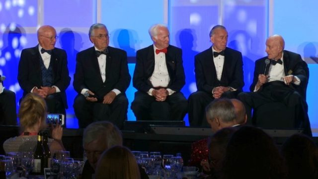 Apollo Celebration Gala Former Johnson Space Center Director Gerry Griffin, left, a flight director for all of the crewed Apollo missions, sits next to Apollo astronauts Harrison Schmitt, Rusty Schweickart, Walt Cunningham and Tom Stafford, from second from left, during a panel discussion at the Apollo Celebration Gala at the Kennedy Space Center in Cape Canaveral, Fla., Saturday, July 21, 2018. The event kicked off a yearlong celebration of the upcoming 50 year anniversary of the first moon landing. (AP Photo/Alex Sanz) The Associated Press