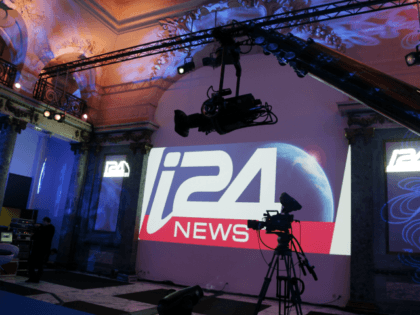 Cameras are pictured during a presentation of I24 News, an international 24-hour news tele