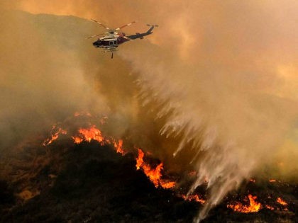 A helicopter drops water to a brush fire at the Holy Fire in Lake Elsinore, California, southeast of Los Angeles, on August 11, 2018. - The fire has burned 21,473 acres and was 29 percent contained as of 8:30 a.m. Saturday, according to the Cleveland National Forest. (Photo by RINGO …