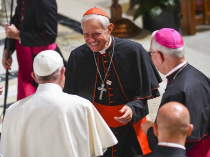 WASHINGTON, D.C. - SEPTEMBER 23: Donald W. Wuerl (C) Cardinal Archbishop of Washington greets Pope Francis (L) during Midday Prayer of the Divine with more than 300 U.S. Bishops at the Cathedral of St. Matthew the Apostle on September 23, 2015 in Washington, DC. The Pope is on a three-day …