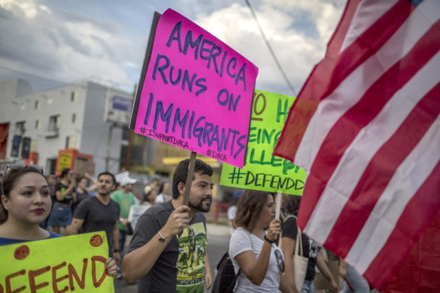 LOS ANGELES, CA - SEPTEMBER 10: Thousands of immigrants and supporters join the Defend DACA March to oppose the President Trump order to end DACA on September 10, 2017 in Los Angeles, California. The Obama-era Deferred Action for Childhood Arrivals program provides undocumented people who arrived to the US as …