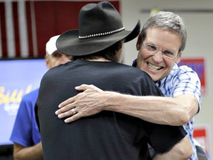 Tennessee Republican gubernatorial Bill Lee (right) campaigns on July 25 in Mt. Juliet. Le