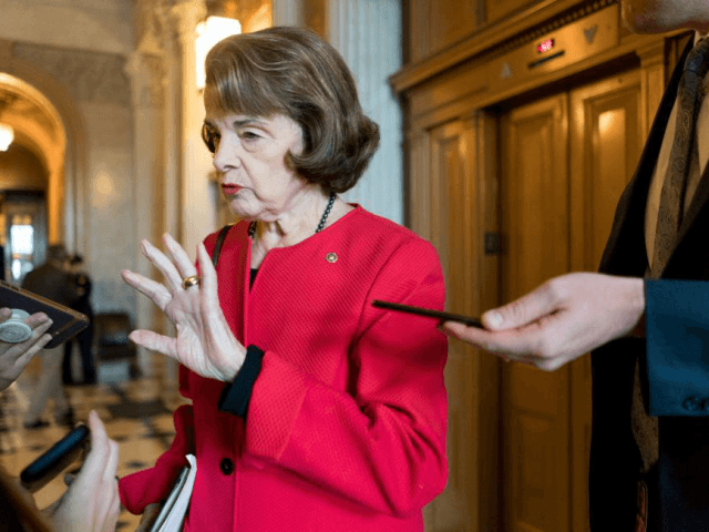Sen. Dianne Feinstein, D-Calif., talks with reporters before a meeting of Senate Democrats on January 22. The California Democratic Party refused Saturday to endorse Feinstein, a 25-year incumbent, in her Senate race this fall. File Photo by Erin Schaff/UPI