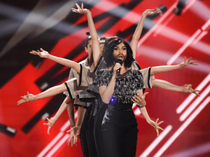 Conchita Wurst performs on stage during rehearsals for the final of the Eurovision Song Co
