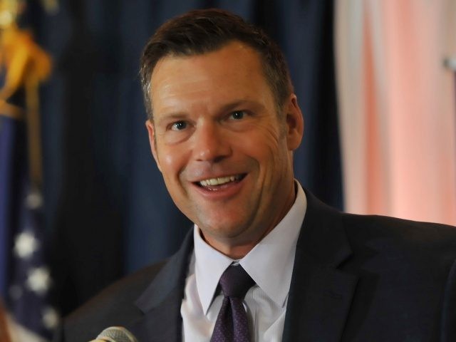 Republican primary candidate for Governor Kris Kobach, speaks to supporters just after midnight in a tight race with Jeff Colyer that is too close to call. Kobach was supported by President Trump against incumbent Jeff Colyer