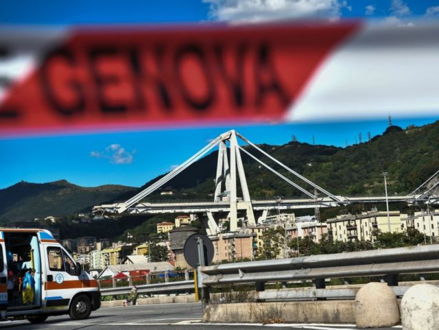 A general view shows the Morandi motorway bridge one day after a section collapsed in Geno