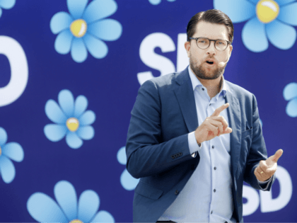 Jimmie Akesson, leader of the Sweden Democrats, campaigns in Sundsvall, Sweden, on August 17, 2018. - The Swedish general elections will be held on September 9, 2018. (Photo by Mats ANDERSSON / TT NEWS AGENCY / AFP) / Sweden OUT (Photo credit should read MATS ANDERSSON/AFP/Getty Images)
