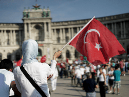 A pro-Palestinian protester holds up a Turkish flag as she attends a demonstration against