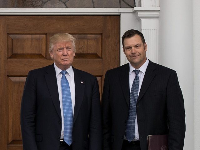 BEDMINSTER TOWNSHIP, NJ - NOVEMBER 20: (L to R) President-elect Donald Trump and Kris Kobach, Kansas secretary of state, pose for a photo following their meeting with president-elect at Trump International Golf Club, November 20, 2016 in Bedminster Township, New Jersey. Trump and his transition team are in the process …