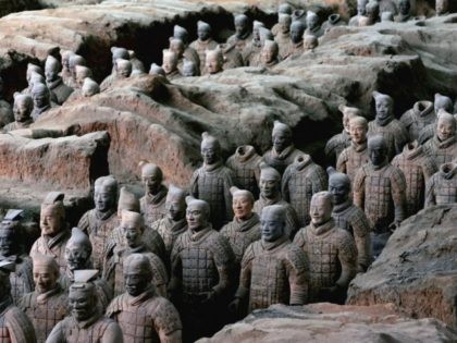 LINTONG COUNTY, CHINA - JULY 7: (CHINA OUT) Ancient terracotta warriors stand in a pit at