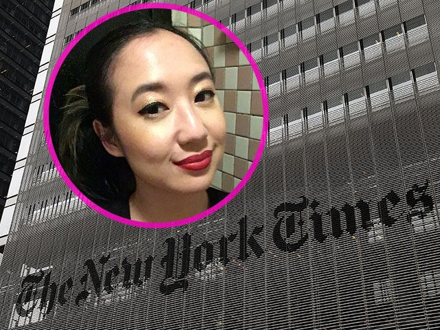 INSET: Writer Sarah Jeong. NEW YORK, NY - JULY 27: The New York Times building stands in M