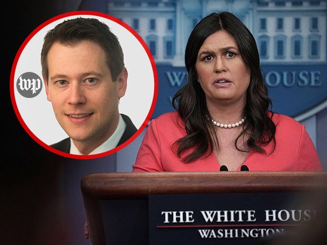 INSET: Aaron Blake of the Washington Post. WASHINGTON, DC - JUNE 18: White House Press Secretary Sarah Sanders conducts a White House daily news briefing at the James Brady Press Briefing Room of the White House June 18, 2018 in Washington, DC. Sanders held a daily news briefing to answer …