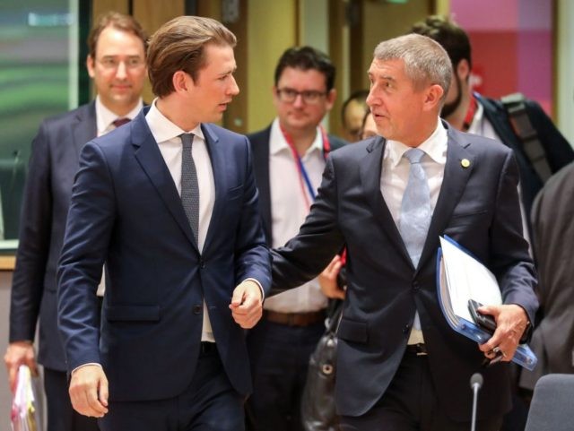 Austria's Chancellor Sebastian Kurtz (L) speaks with Czech Republic's Prime Mini