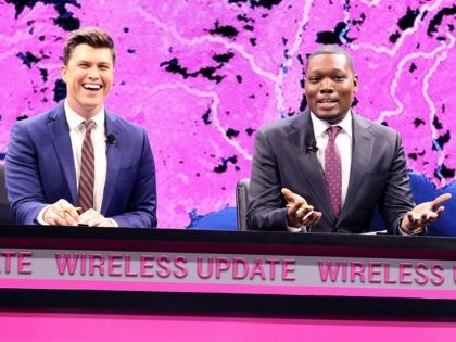 Saturday Night Live Weekend Update's Colin Jost (left) and Michael Che opened T-Mobile's Un-carrier Next event at CES with their take on the wireless industry on Thursday, Jan. 5, 2017, in Las Vegas. (Bizuayehu Tesfaye/AP Images for T-Mobile)