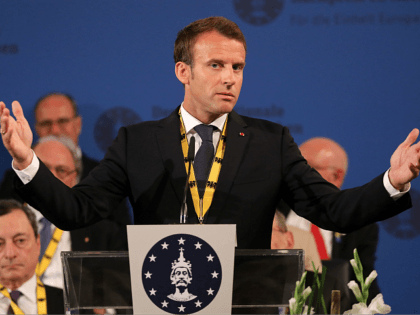 France's President Emmanuel Macron gives a speech after receiving the Charlemagne prize du