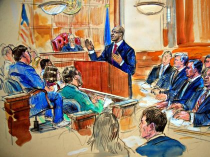 This courtroom sketch depicts Paul Manafort, seated right row second from right, together