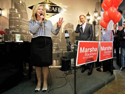 In this Aug. 2, 2018 photo, Republican U.S. Rep. Marsha Blackburn campaigns in Brentwood, Tenn.