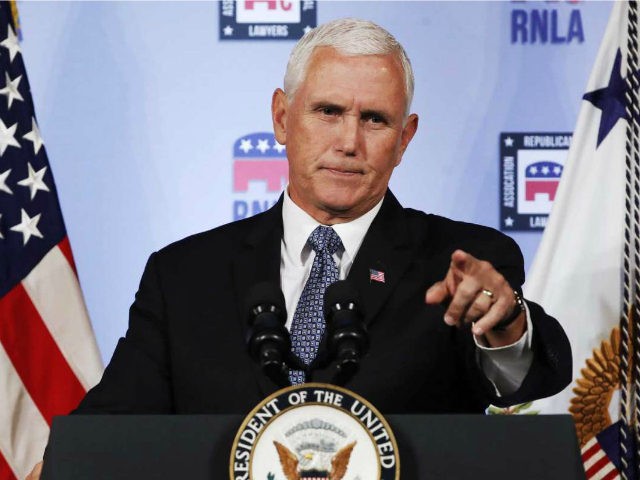 Vice President Mike Pence gestures while speaking to the Republican National Lawyers Assoc