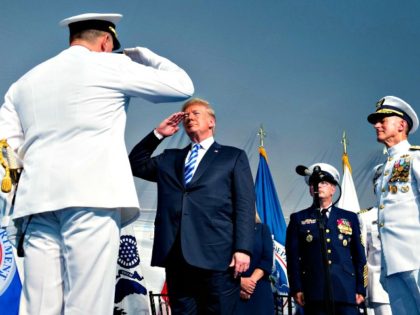 President Trump salutes during a Change of Command ceremony at U.S. Coast Guard Headquarters in Washington, D.C., on June 1.