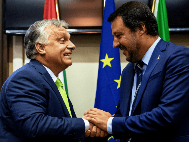 Italy's Interior Minister Matteo Salvini (R) shakes hands with Hungary's Prime Minister Viktor Orban at a press conference following a meeting in Milan on August 28, 2018. (Photo by MARCO BERTORELLO / AFP) (Photo credit should read MARCO BERTORELLO/AFP/Getty Images)