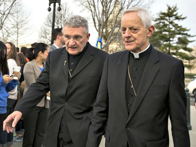 David Zubik (left), bishop of the Diocese of Pittsburgh, and Cardinal Donald Wuerl, archbishop of Washington, arrive at the Supreme Court in Washington, D.C. on Wednesday, March 23, 2016. Zubik was the lead plantiff in a case brought by religious groups over contraception coverage.