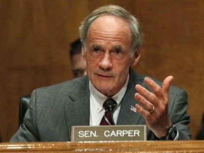 Sen. Thomas Carper, D-Del., asks a question of Homeland Security Secretary Kirstjen Nielsen as she testifies to the Senate Homeland Security Committee, Tuesday, May 15, 2018, on Capitol Hill in Washington. (AP Photo/Jacquelyn Martin)