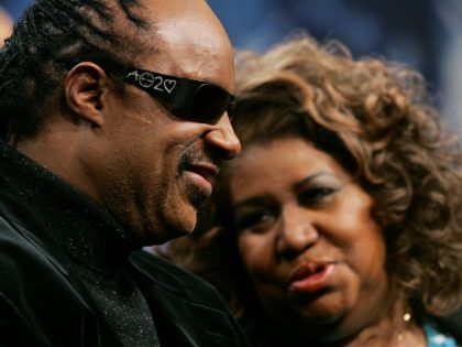 Singer Aretha Franklin, right, talks with Stevie Wonder during a news conference in Detroi