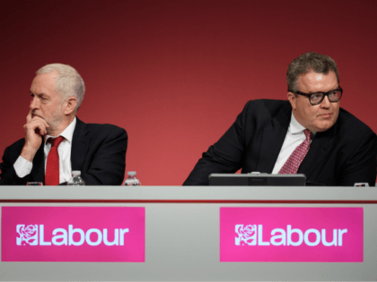 BRIGHTON, ENGLAND - SEPTEMBER 24: Labour Party leader Jeremy Corbyn (L) sits with Deputy Leader Tom Watson in the main hall on the first day of the Labour Party conference on September 24, 2017 in Brighton, England. The annual Labour Party conference runs from 24-27 September. (Photo by Leon Neal/Getty …