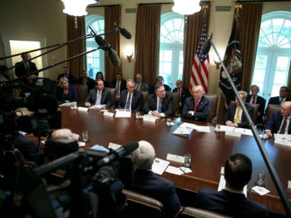 US President Donald Trump, center, hosts a cabinet meeting in the Cabinet Room of the Whit