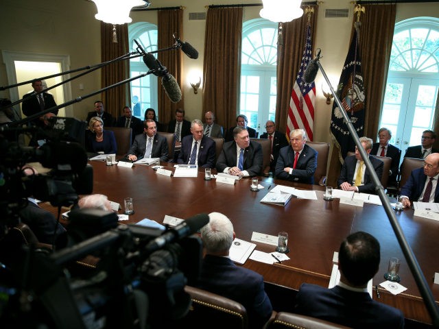 US President Donald Trump, center, hosts a cabinet meeting in the Cabinet Room of the Whit