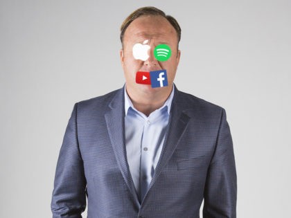 InfoWars host Alex Jones, with eyes and mouth covered by the logos of Apple, Spotify, YouTube, and Facebook.