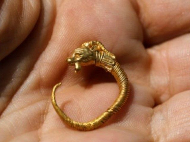 AFP | An Israeli archaeologist shows a golden earring believed to be more than 2,000 years