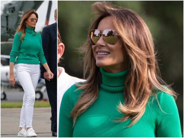 Fashion Notes Melania Trump Glows In Green Ralph Lauren Sweater Sneakers