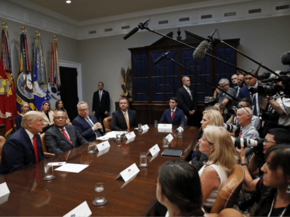President Donald Trump, left, answers questions from the media during a discussion for dru